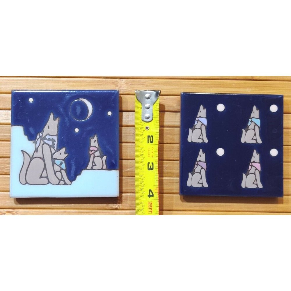 Masterworks Handcrafted Art Tile Trivet Cobalt Moon Howling Wolfs Wall Art (2)